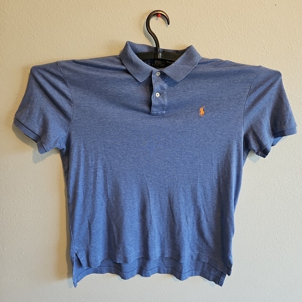 Polo Ralph Lauren Pima‎ Soft Touch Polo Mens Size Large Blue Solid Orange Pony